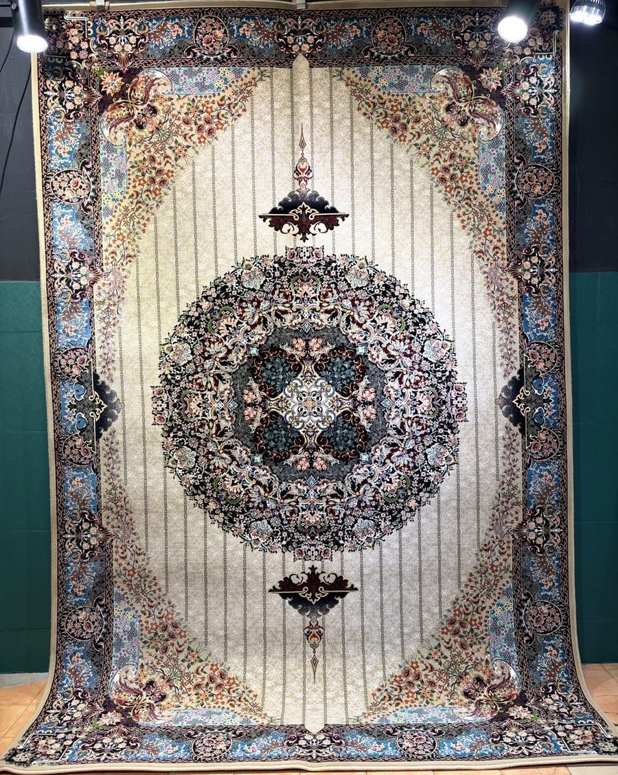 Machine-made carpet, ivory pinstripe field with round medallion and ornate corner motifs