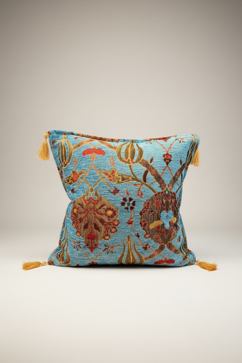 Turkish cushion cover with sky blue ground and pomegranate and floral motifs, gold tassels