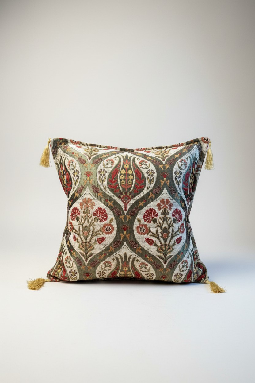 Turkish cushion cover with sage green Ottoman tile pattern and floral medallions, gold tassels
