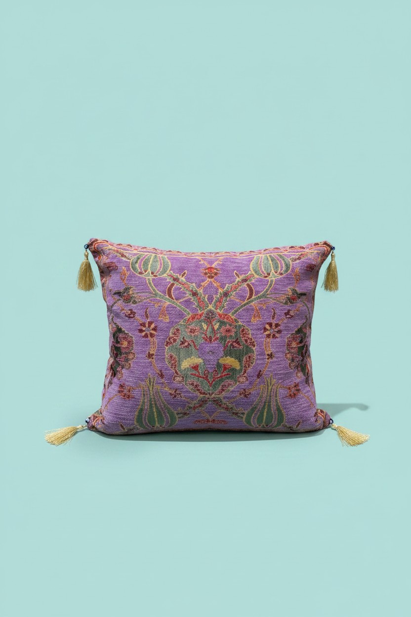 Turkish cushion cover with lilac ground and pomegranate motif, gold tassels