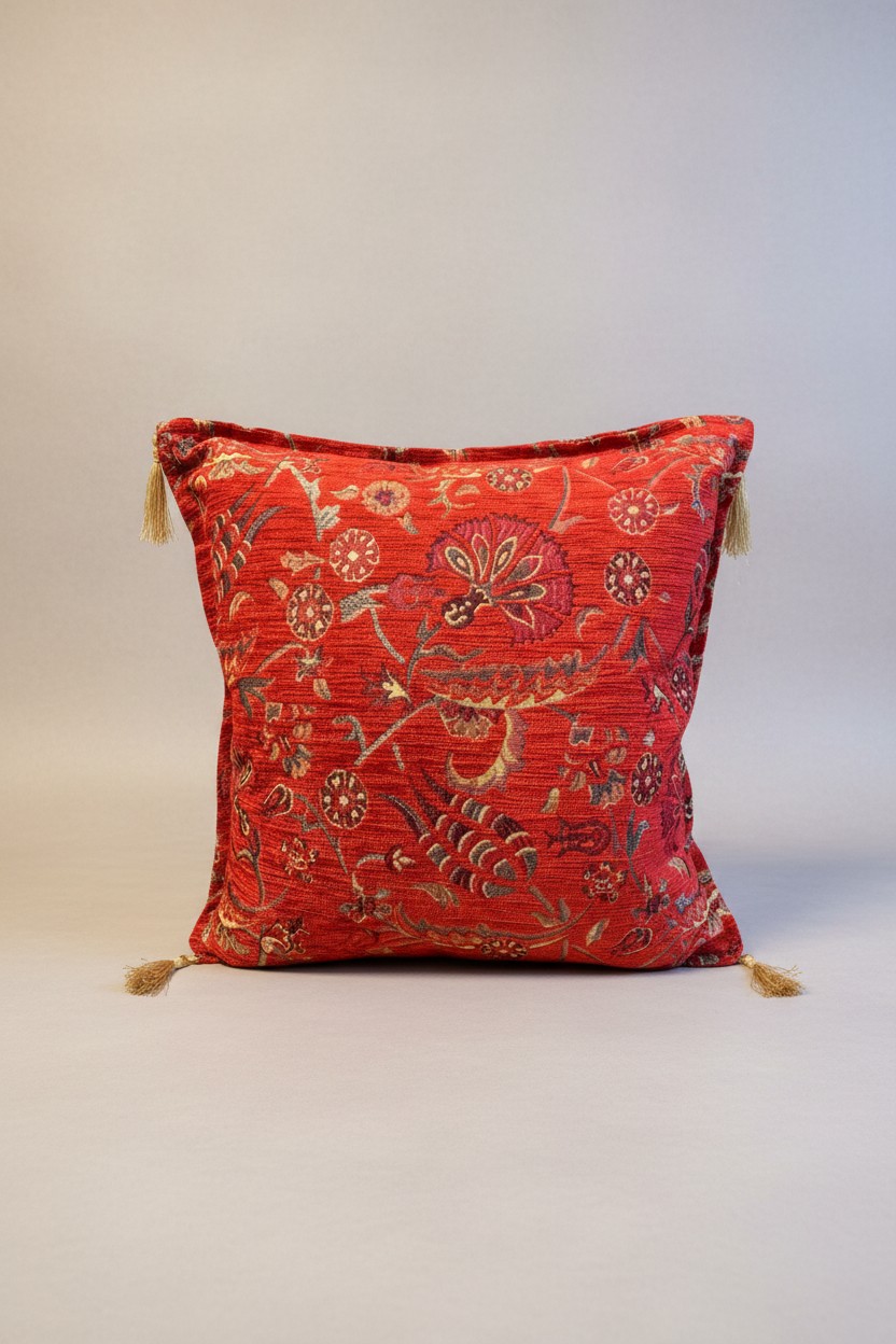 Turkish cushion cover with red ground and gold floral embroidery, gold tassels